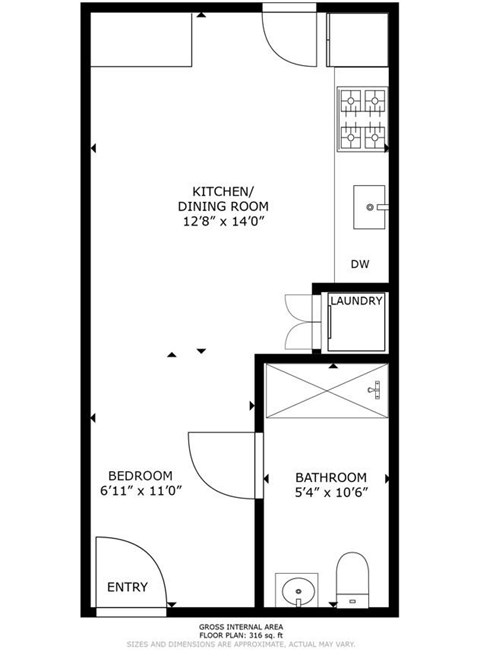 Floor plan for studio, 1 bath, 316 sqft